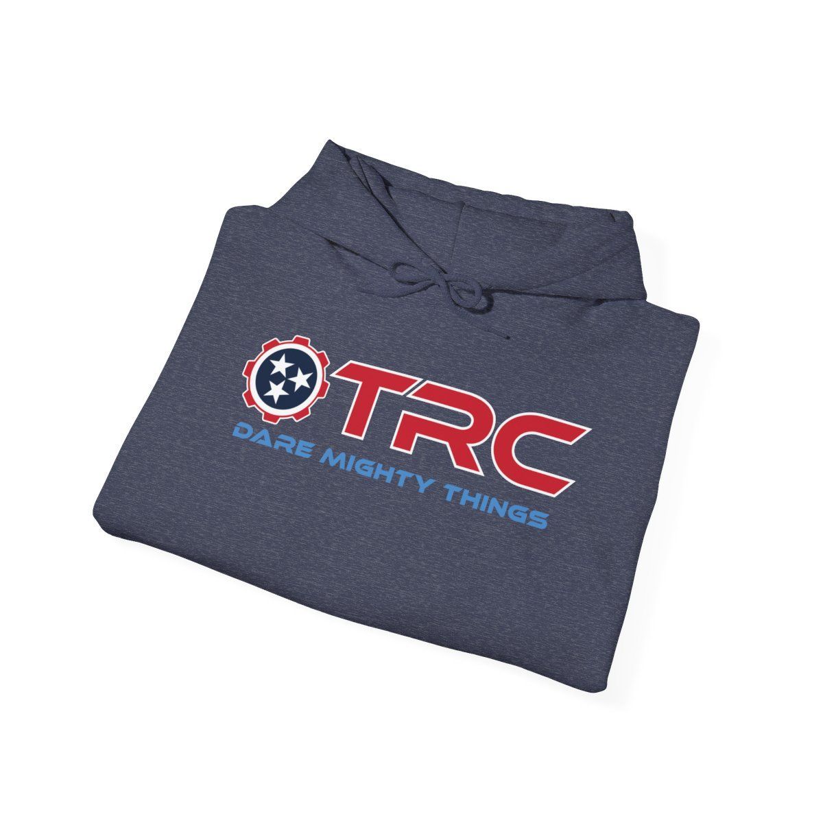 Person wearing a navy hoodie with TRC logo, hands in pockets, on a white background