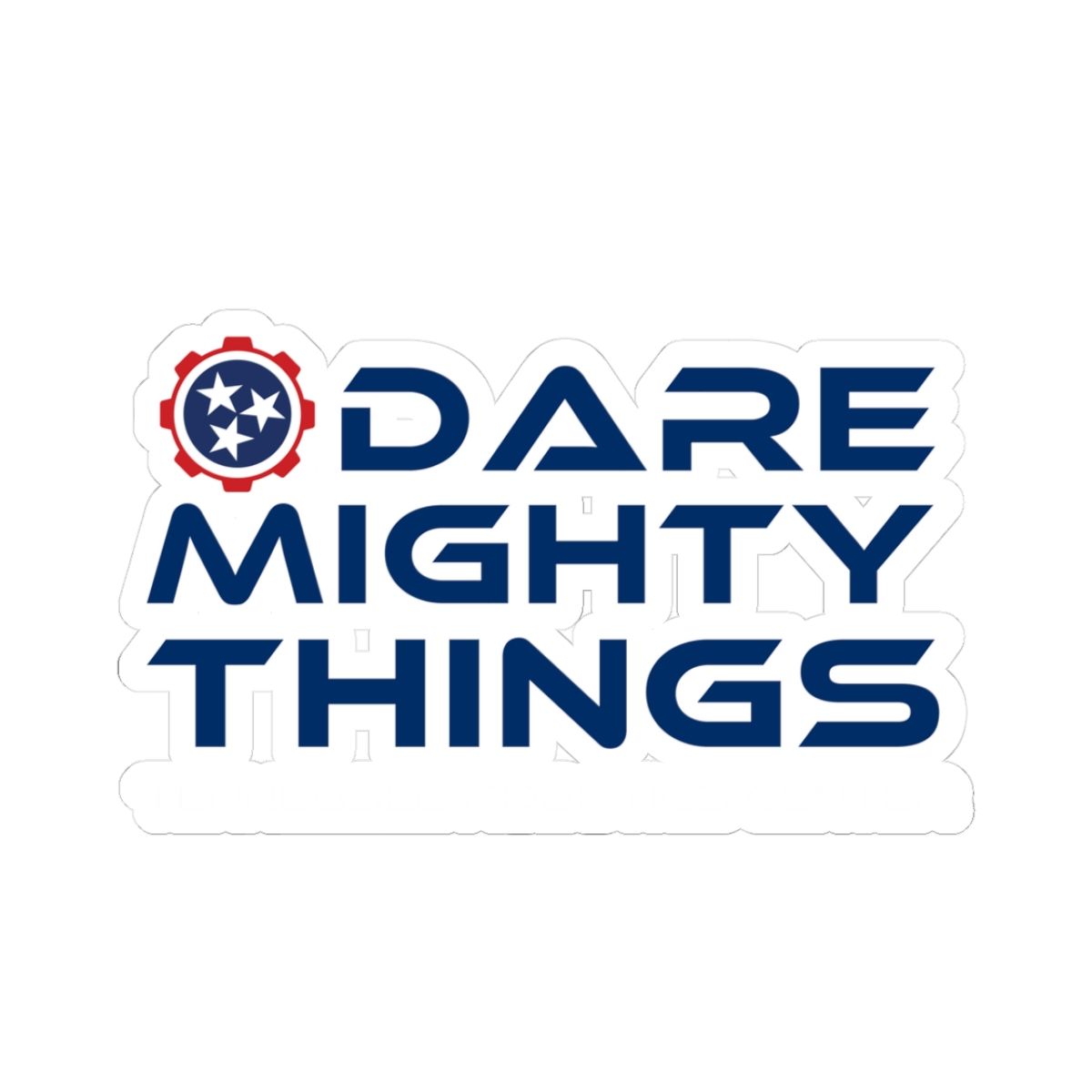 Blue and red “DARE MIGHTY THINGS” logo with stars emblem on white background
