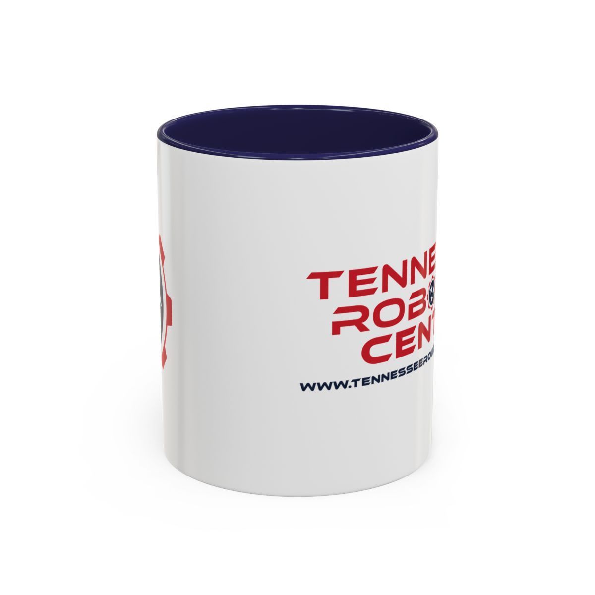 White mug with dark blue rim and handle, printed with red Tennessee Robotics Center logo.