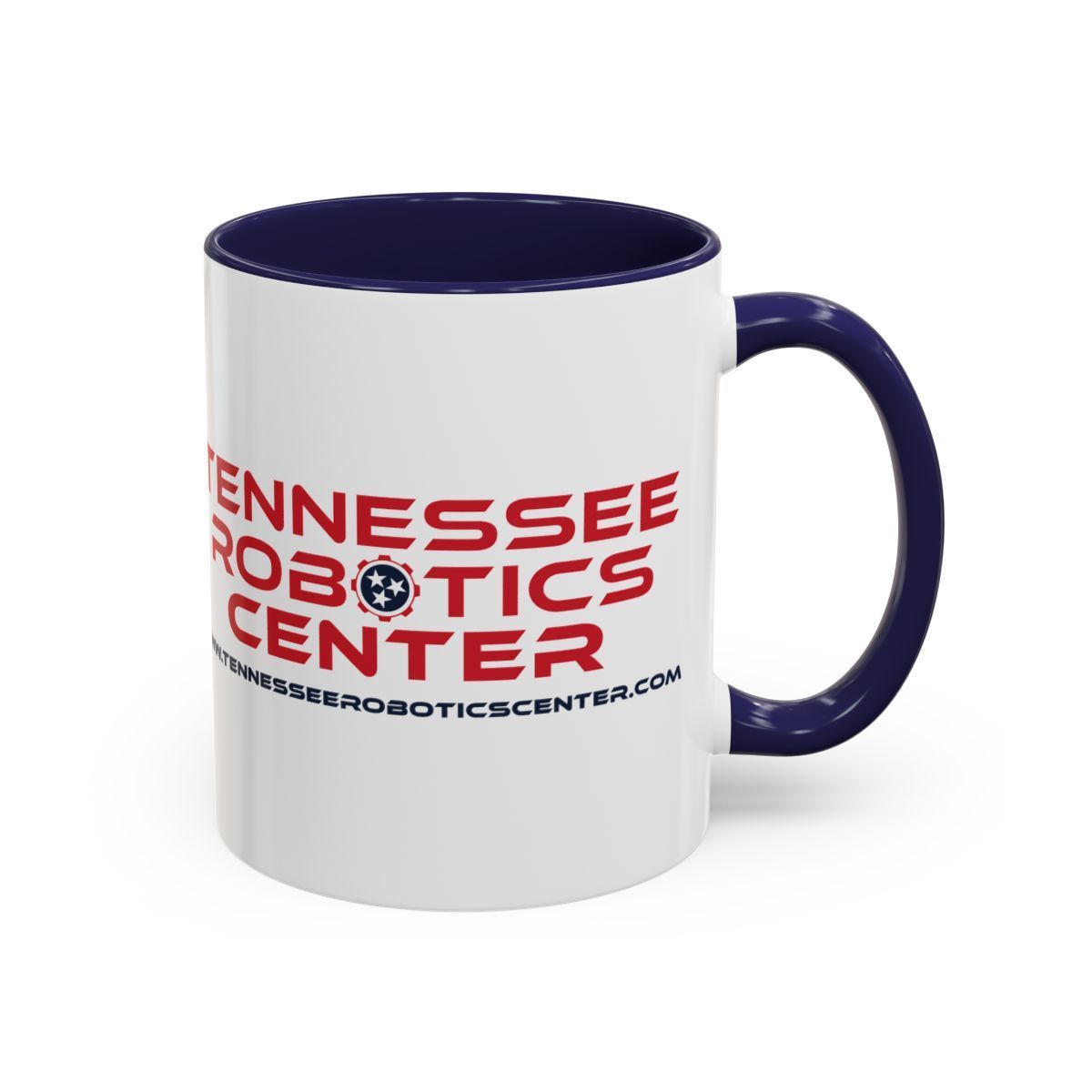 White mug with dark blue rim and handle, printed with red Tennessee Robotics Center logo.