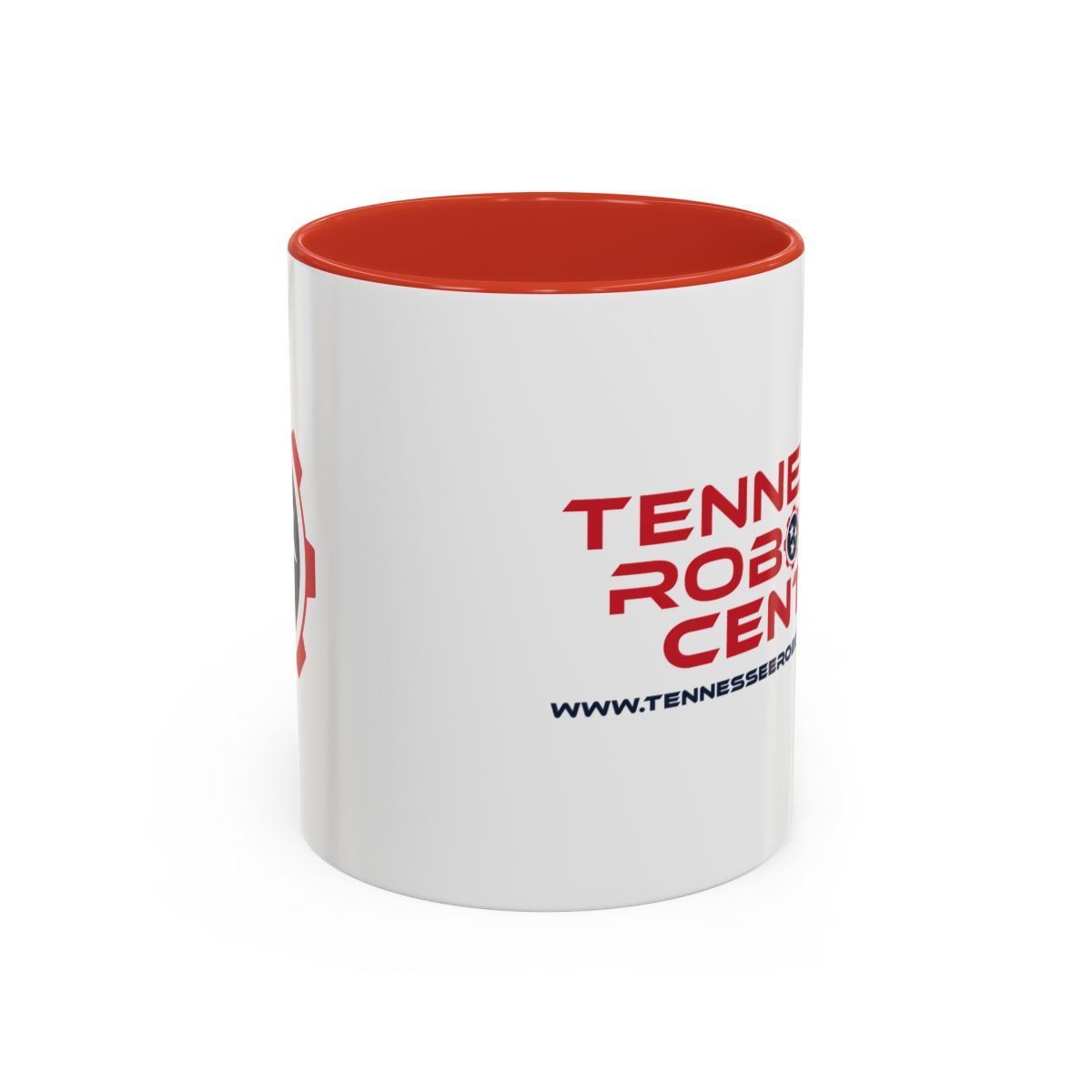 White mug with red interior and handle, printed with “Tennessee Robotics Center” logo
