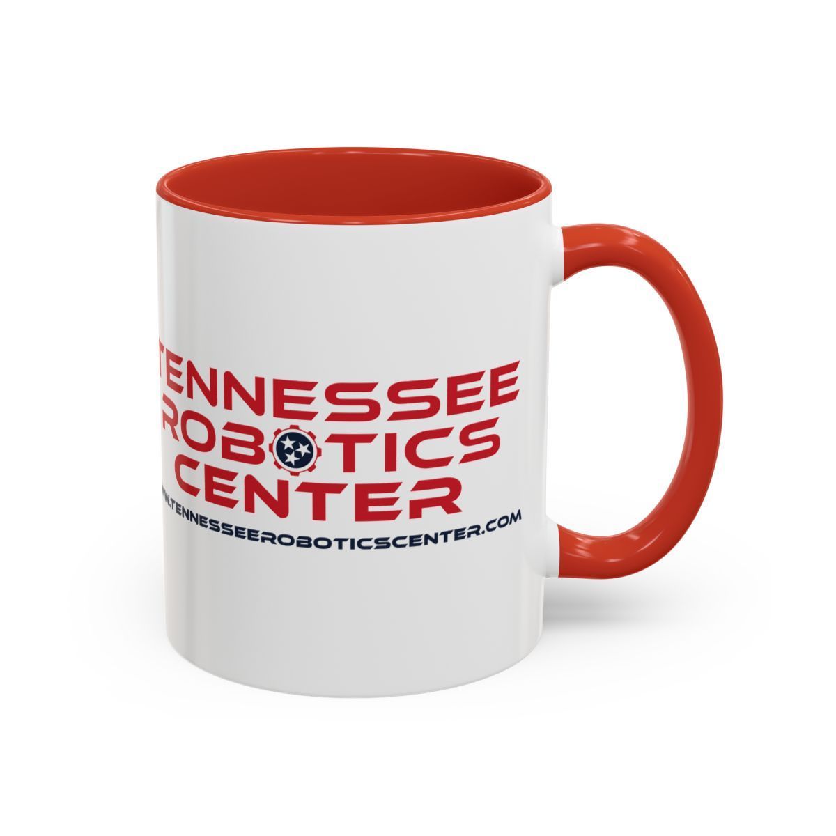 White mug with red interior and handle, printed with “Tennessee Robotics Center” logo