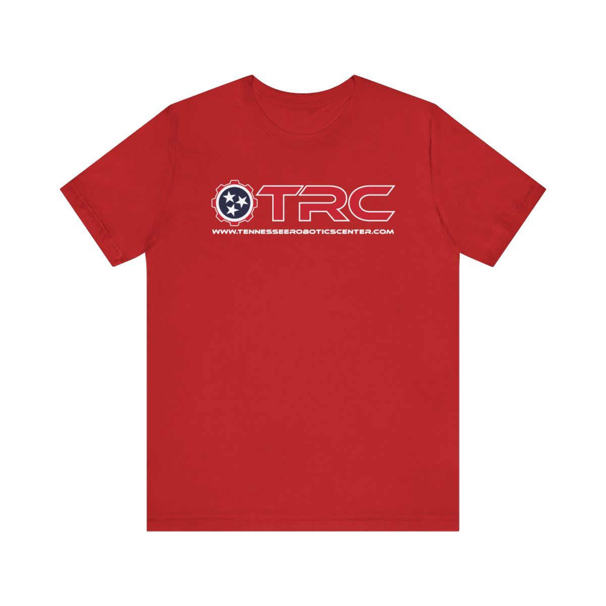 Red T-shirt with a white and blue TRC logo centered on the chest.