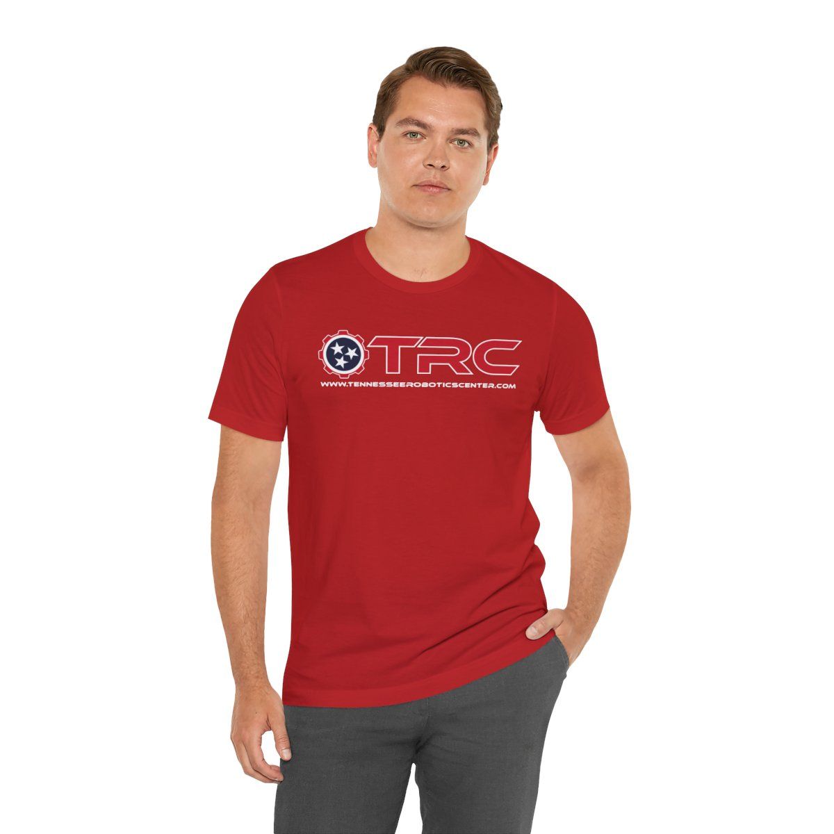 Man wearing a red t-shirt with 