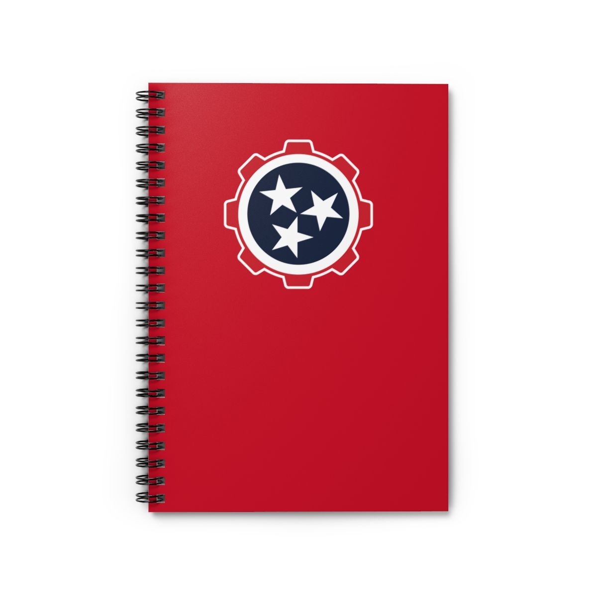 Red spiral notebook with a white gear emblem on the cover