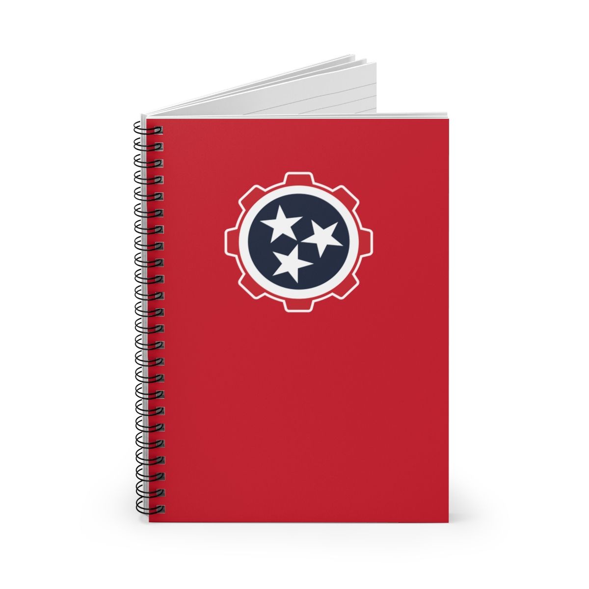Red spiral notebook with a white gear emblem on the cover