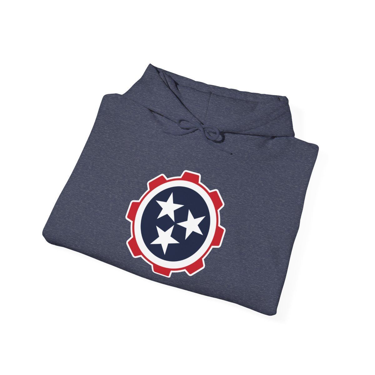 Man wearing a navy hoodie with a circular star emblem and gray pants, standing against a white background