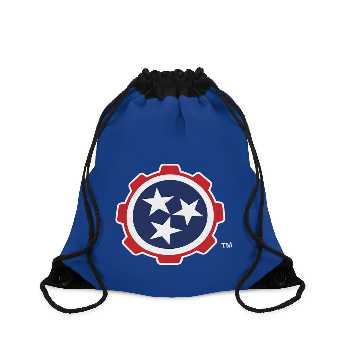 Blue drawstring bag with a red, white, and blue circular logo centered on the front