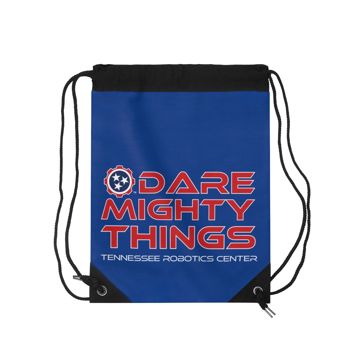 Blue drawstring bag with “Dare Mighty Things” and Tennessee Robotics Center logo