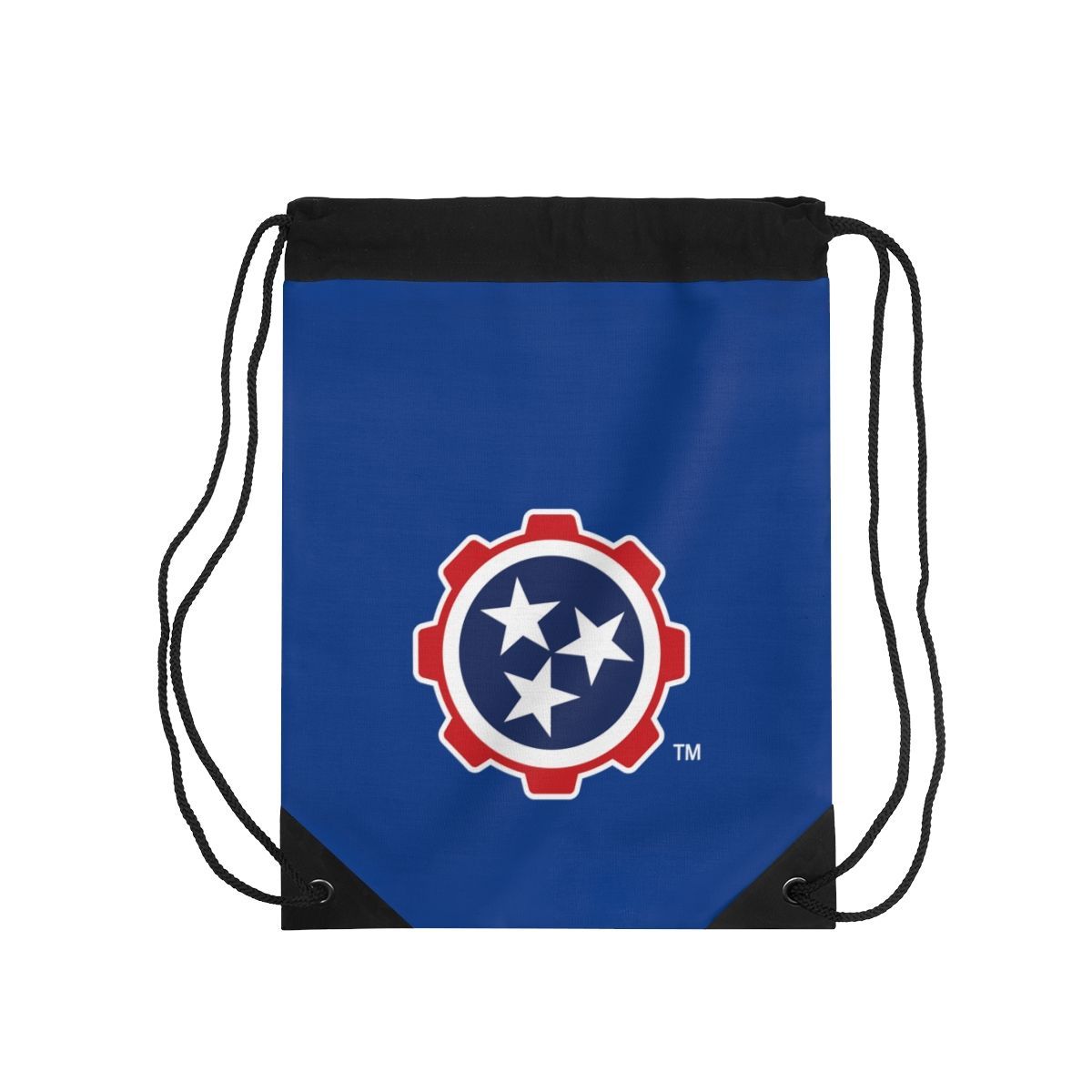 Blue drawstring bag with a red, white, and blue circular logo centered on the front