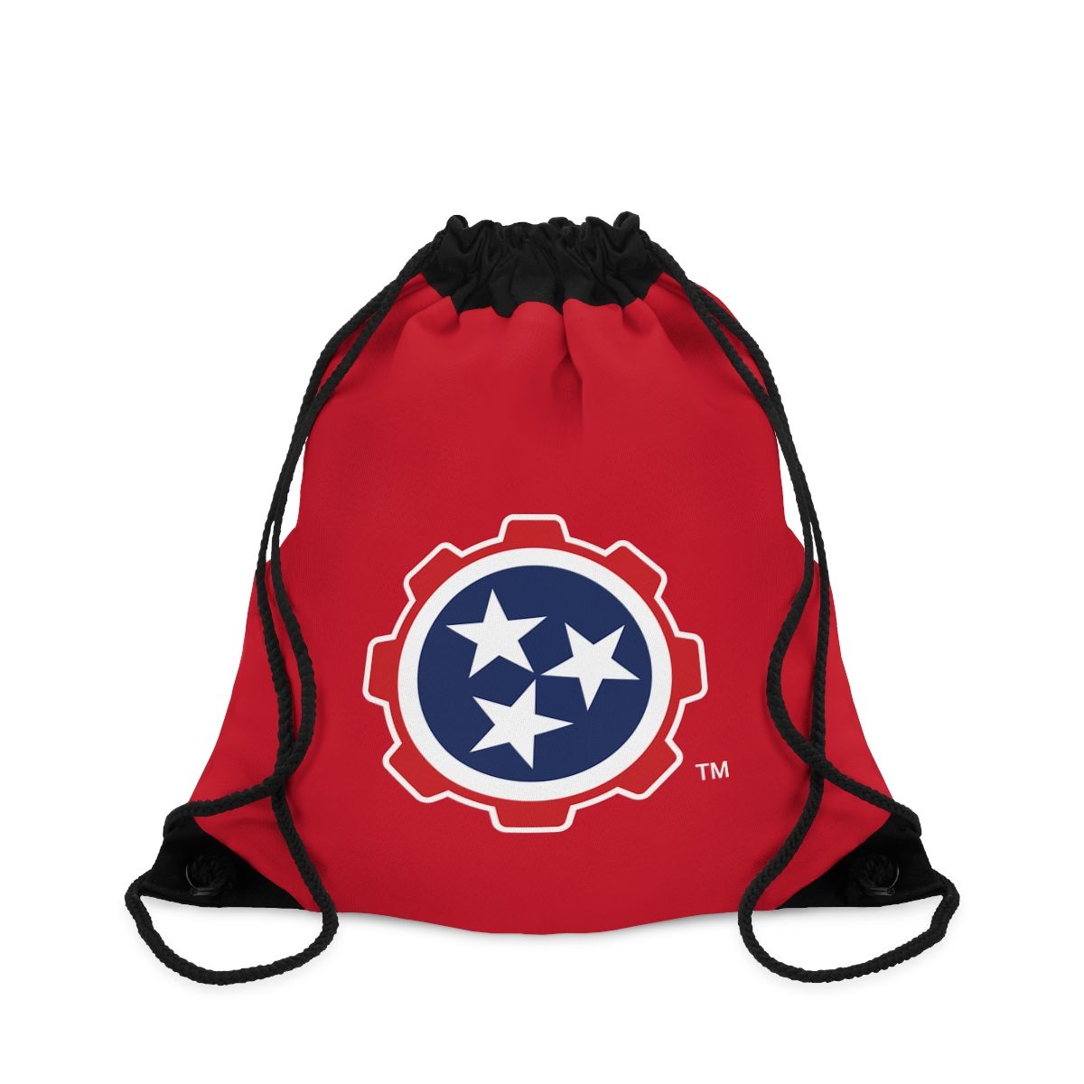 Red drawstring backpack with black top and bottom panels and a blue gear-style emblem with white stars.