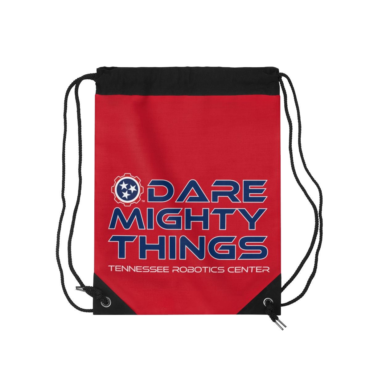 Red drawstring backpack with black top and the slogan “Dare Mighty Things” and “Tennessee Robotics Center.”