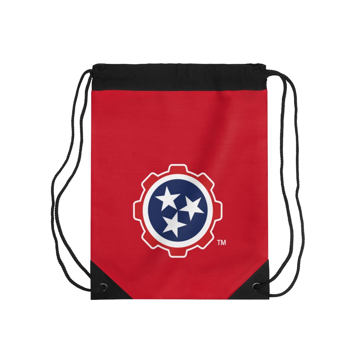 Red drawstring backpack with black top and bottom panels and a blue gear-style emblem with white stars.