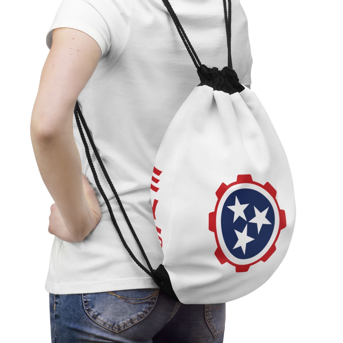 Person wearing a white drawstring bag with the Tennessee state flag design.