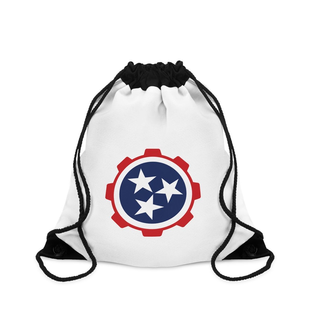 White drawstring bag with black trim and a red-and-blue gear emblem on the front
