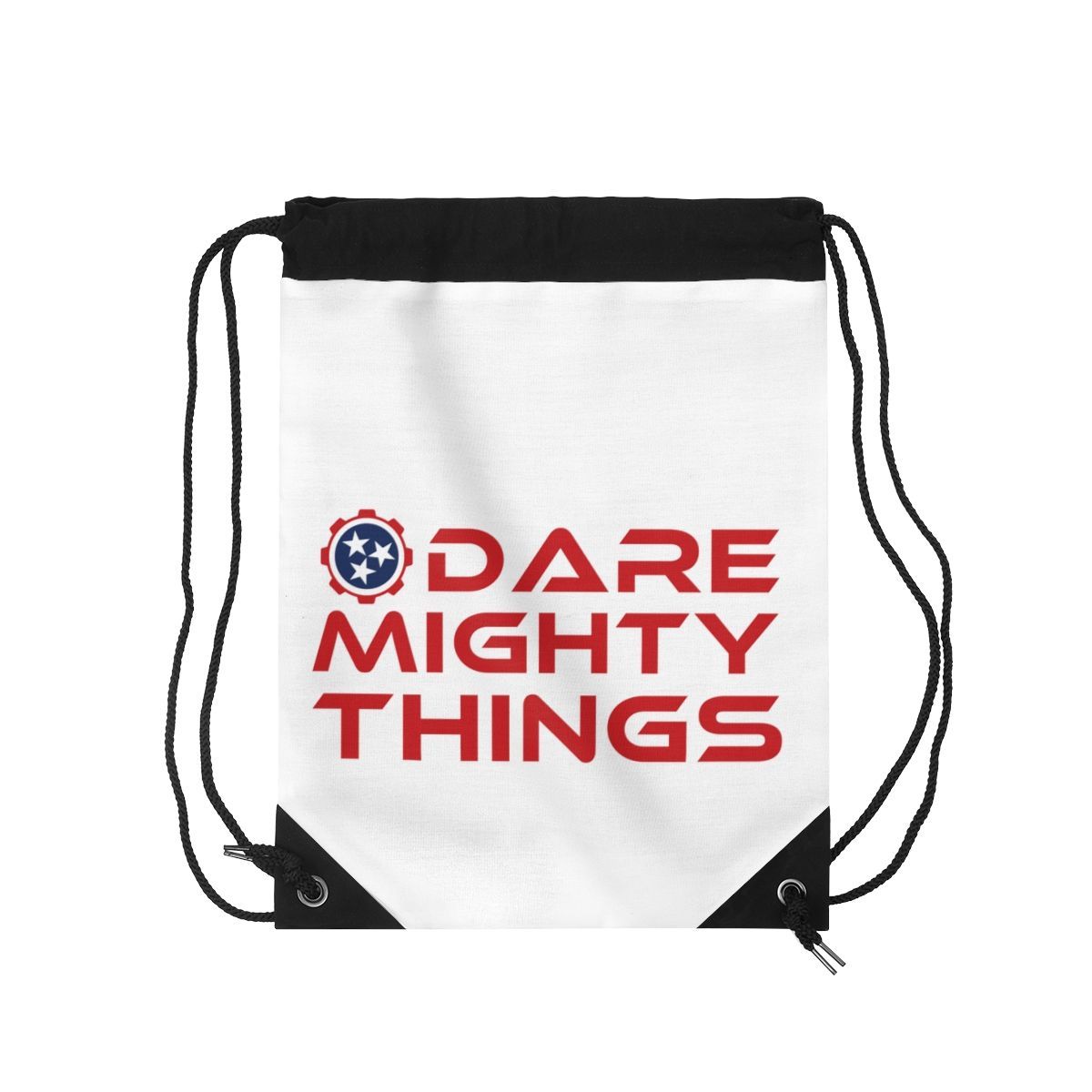 White drawstring bag with black trim and red “DARE MIGHTY THINGS” slogan.