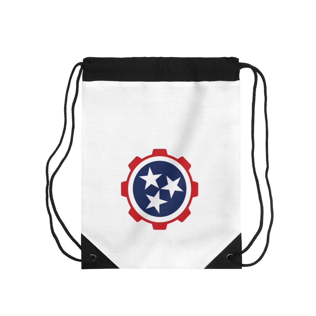 White drawstring bag with black trim and a red-and-blue gear emblem on the front