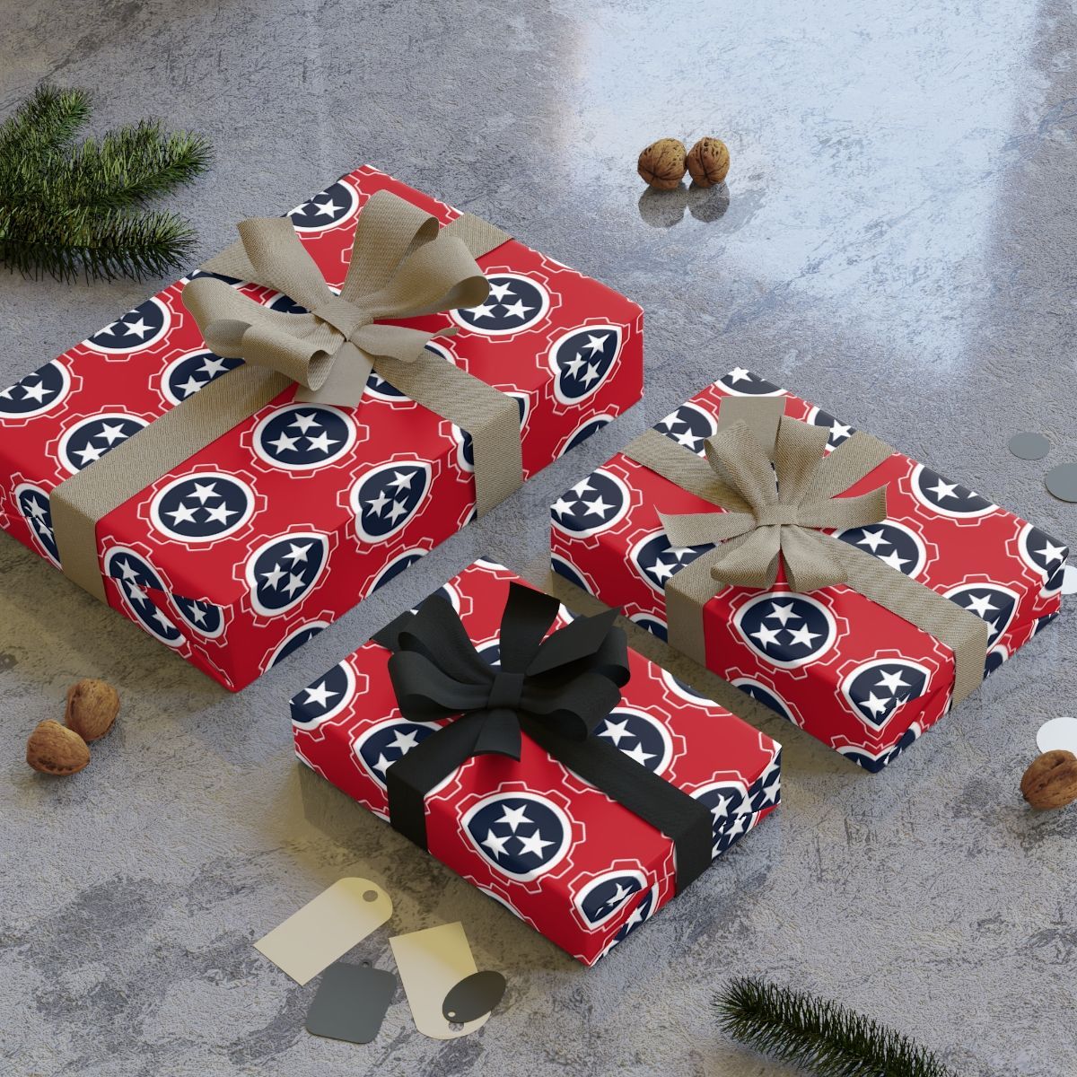 Wrapped gifts with red Tennessee state flag patterned paper and ribbons.