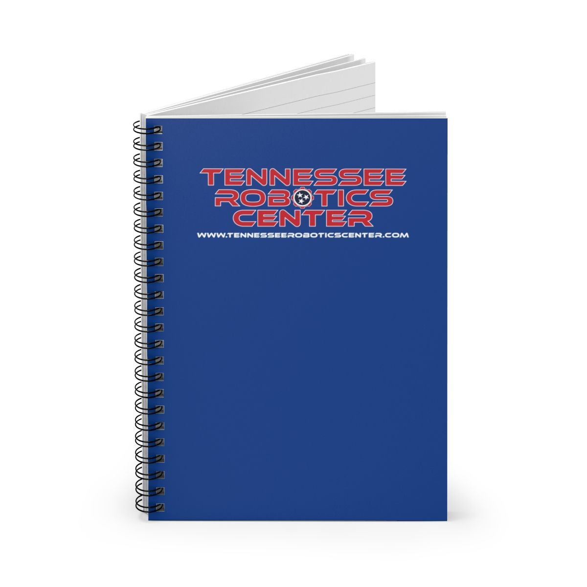 Blue spiral notebook with Tennessee Robotics Center logo on the cover