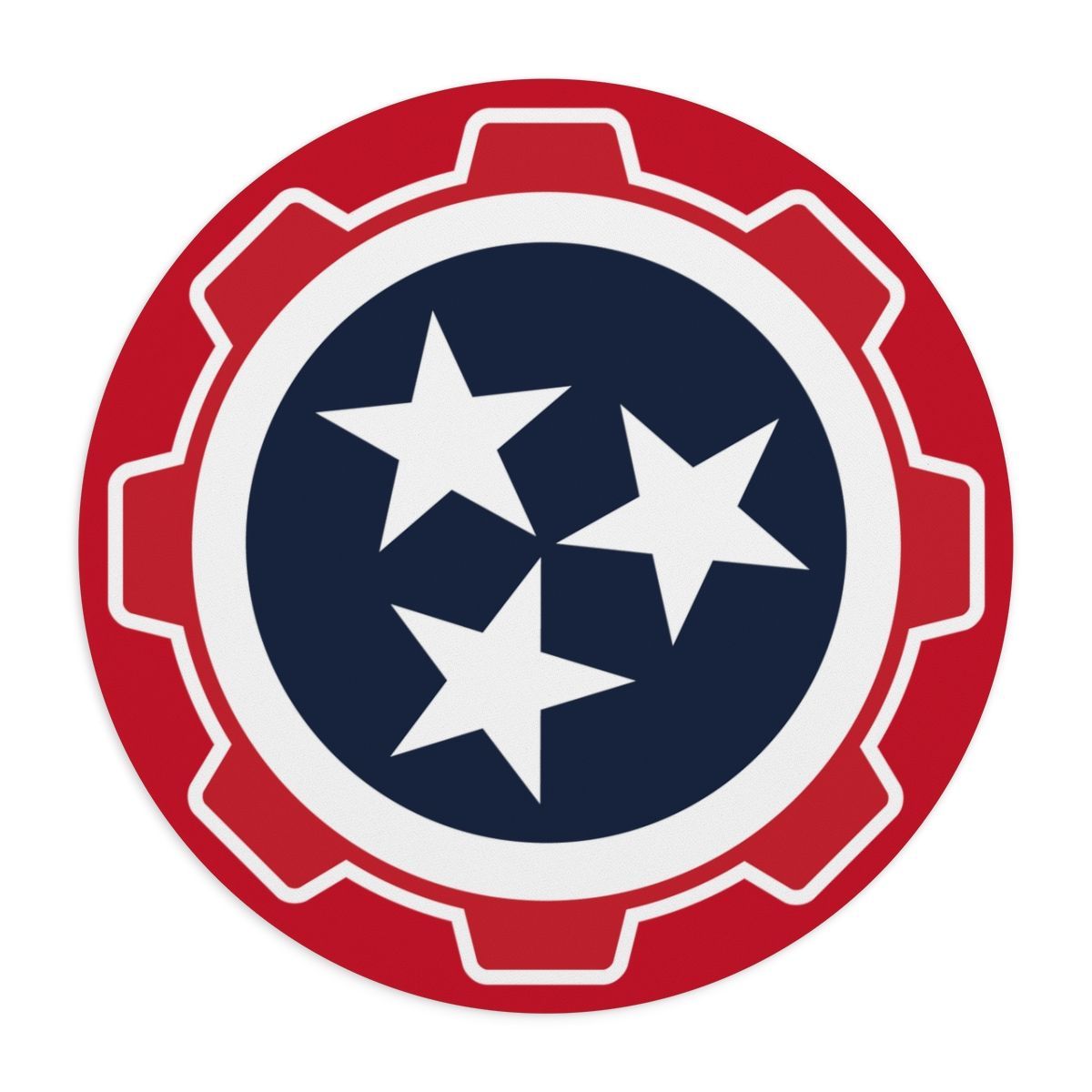 Red and blue circular logo with three white stars and a gear-like border
