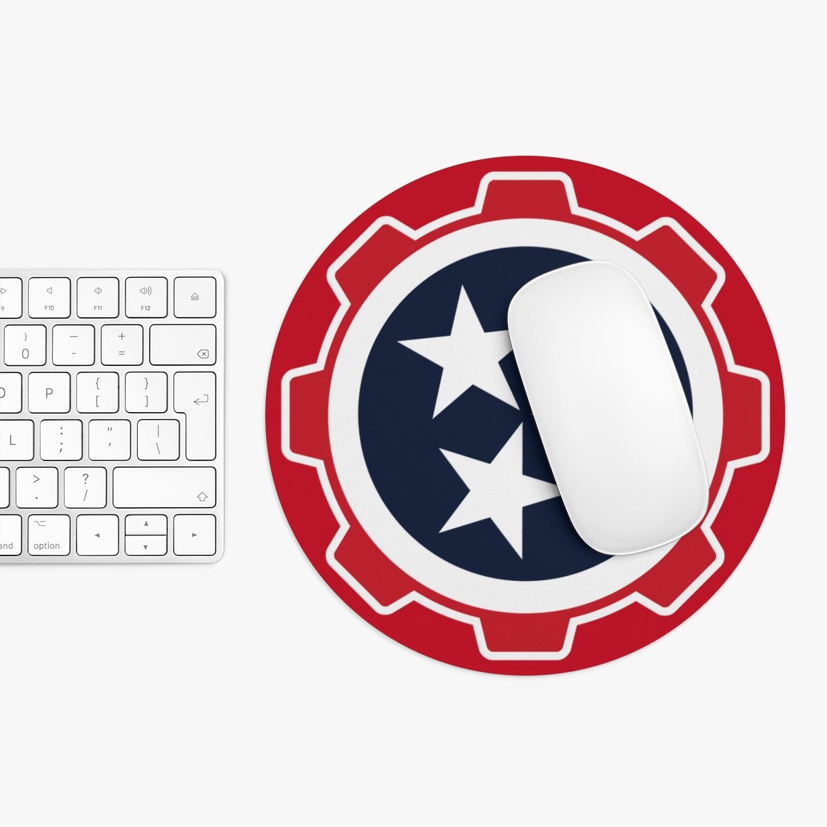 Red and blue circular logo with three white stars and a gear-like border