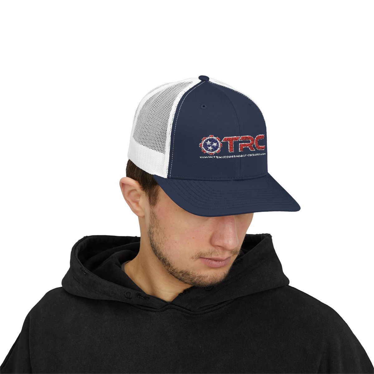 Navy and white mesh baseball cap with TRC logo on the front