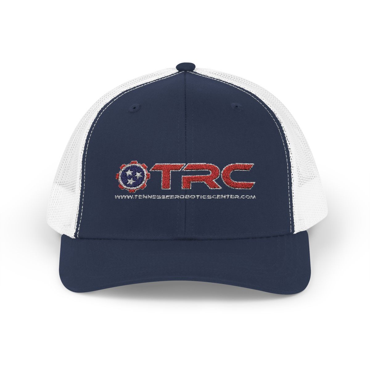 Navy and white mesh baseball cap with TRC logo on the front