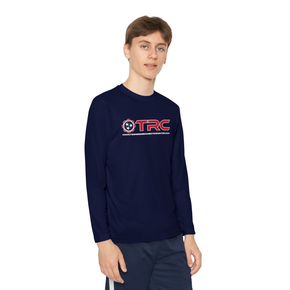 Man in navy blue long-sleeved shirt with 