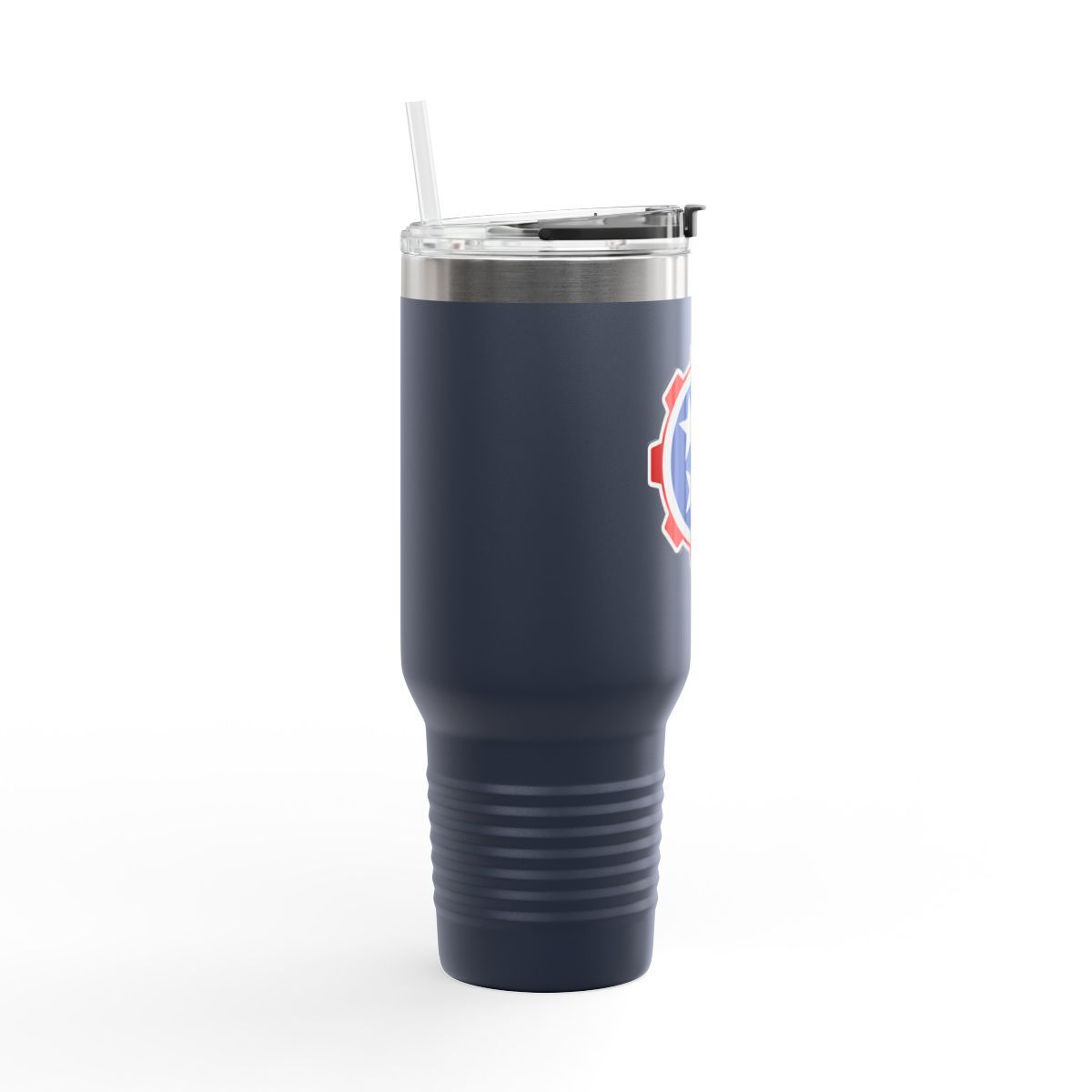 Dark navy tumbler with handle and Tennessee state emblem, with clear lid and straw.