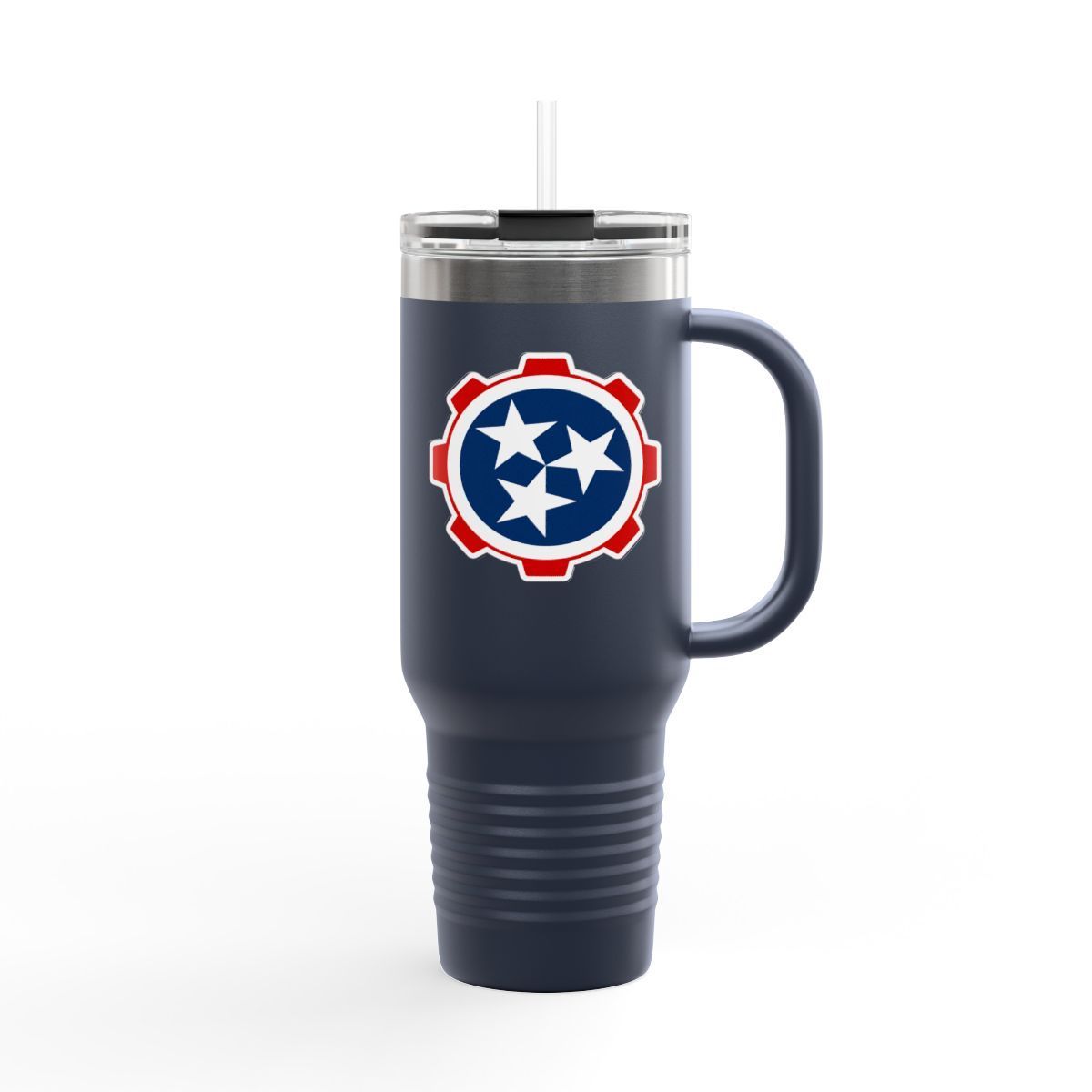 Dark navy tumbler with handle and Tennessee state emblem, with clear lid and straw.