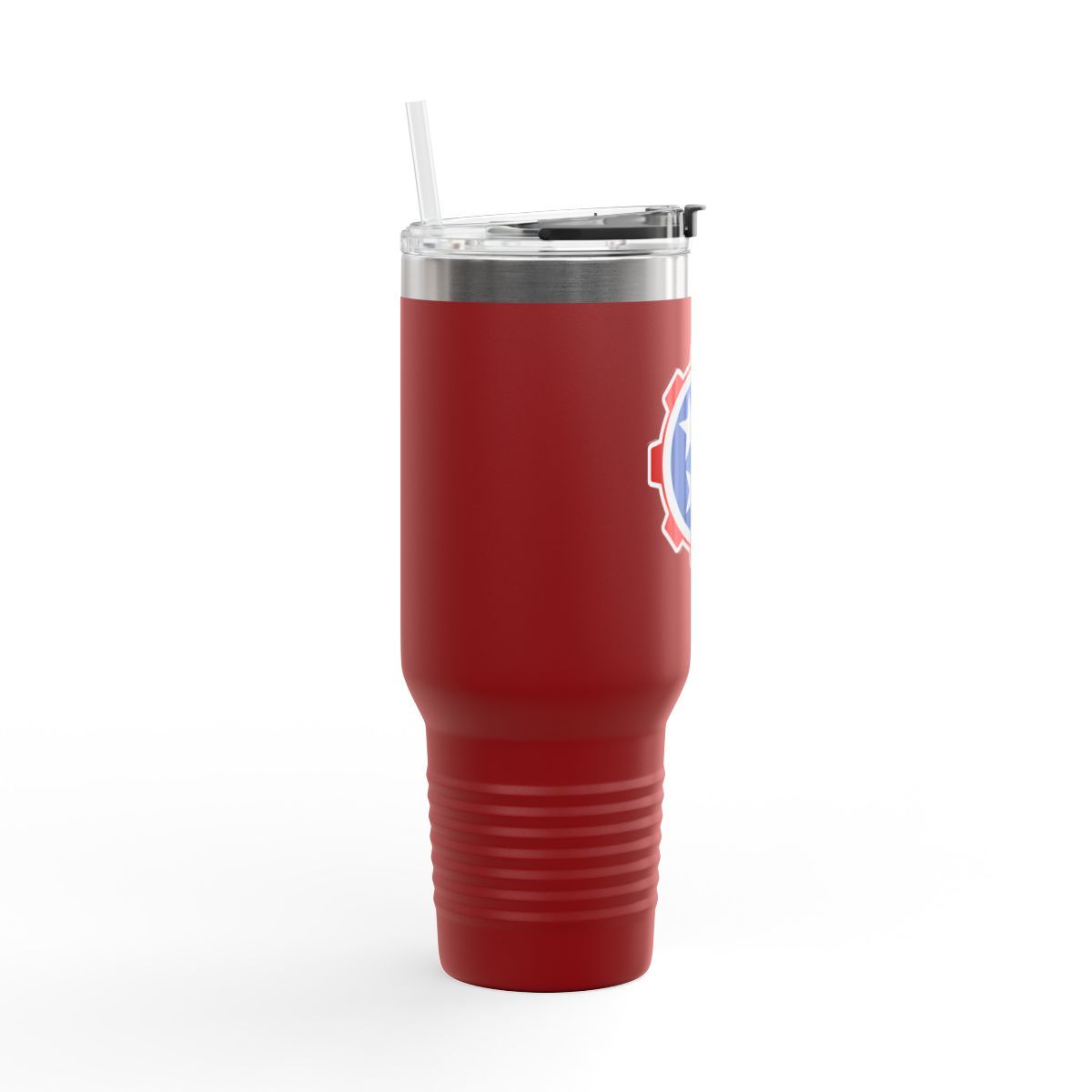 Red travel tumbler with handle and Tennessee Titans logo