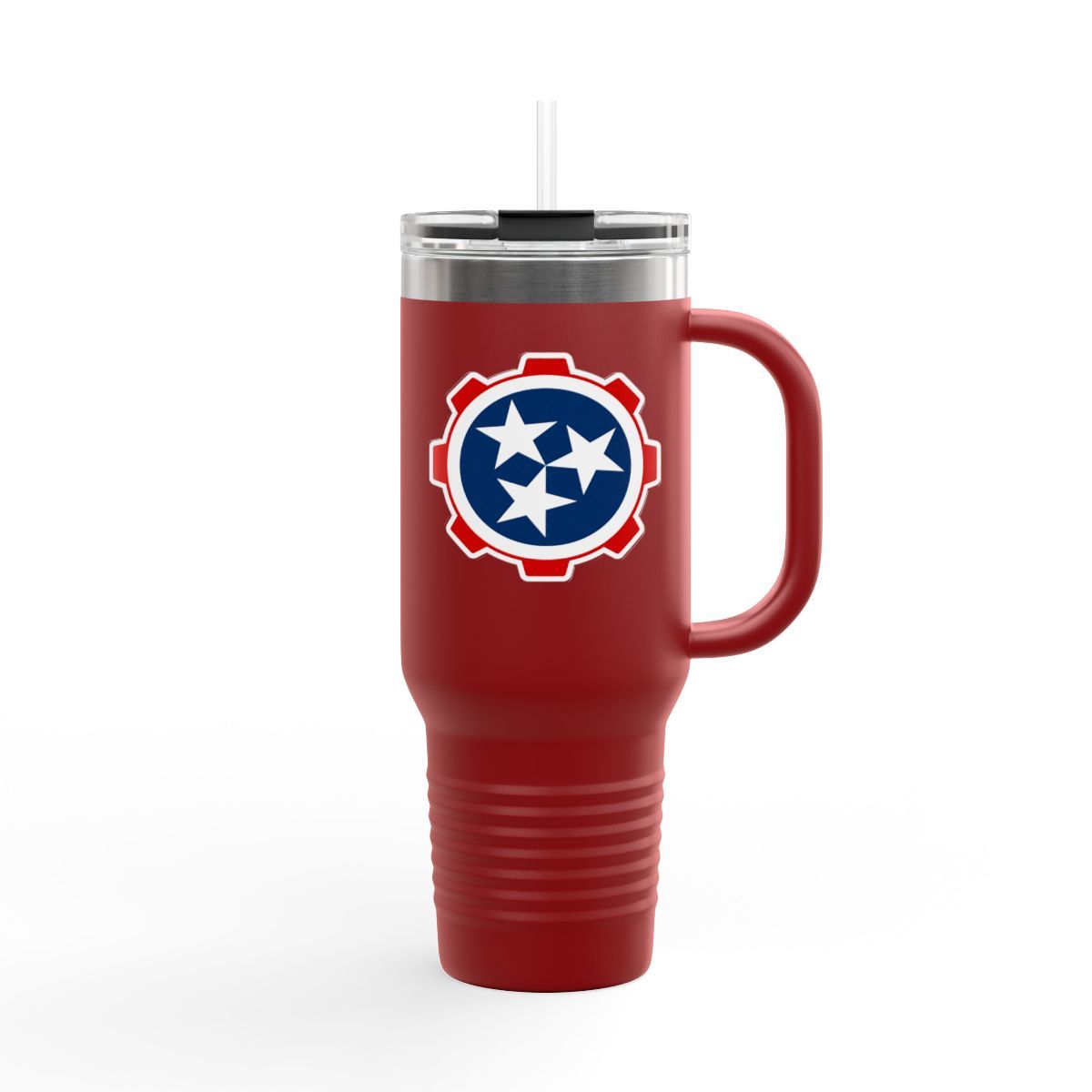Red travel tumbler with handle and Tennessee Titans logo