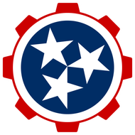 Tennessee state flag emblem inside a red and white gear.