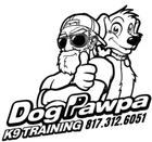 Dog training logo with cartoon man and dog, “DogPawpa K9 Training” and phone number 817-312-6051