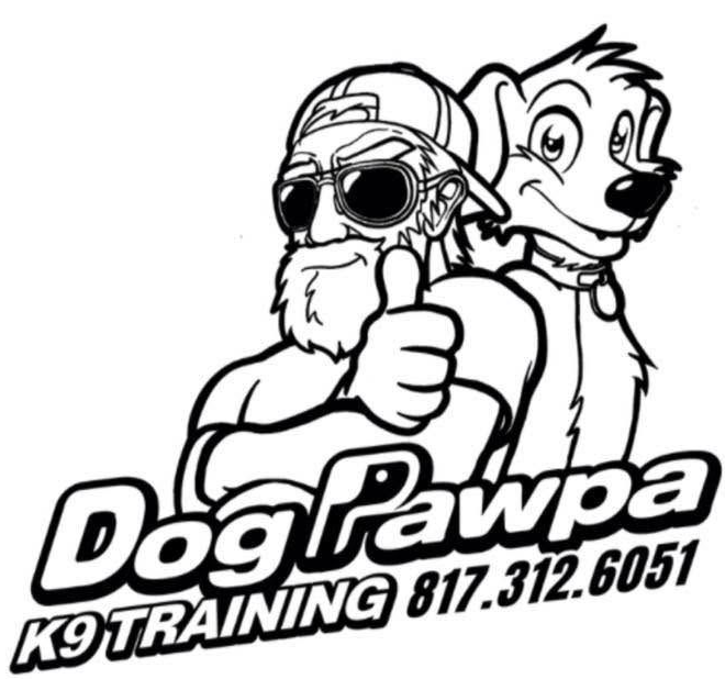 Dog training logo with cartoon man and dog, &ldquo;DogPawpa K9 Training&rdquo; and phone number 817-312-6051