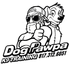 Dog training logo with cartoon man and dog, &ldquo;DogPawpa K9 Training&rdquo; and phone number 817-312-6051