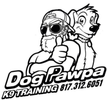 Dog training logo with cartoon man and dog, &ldquo;DogPawpa K9 Training&rdquo; and phone number 817-312-6051