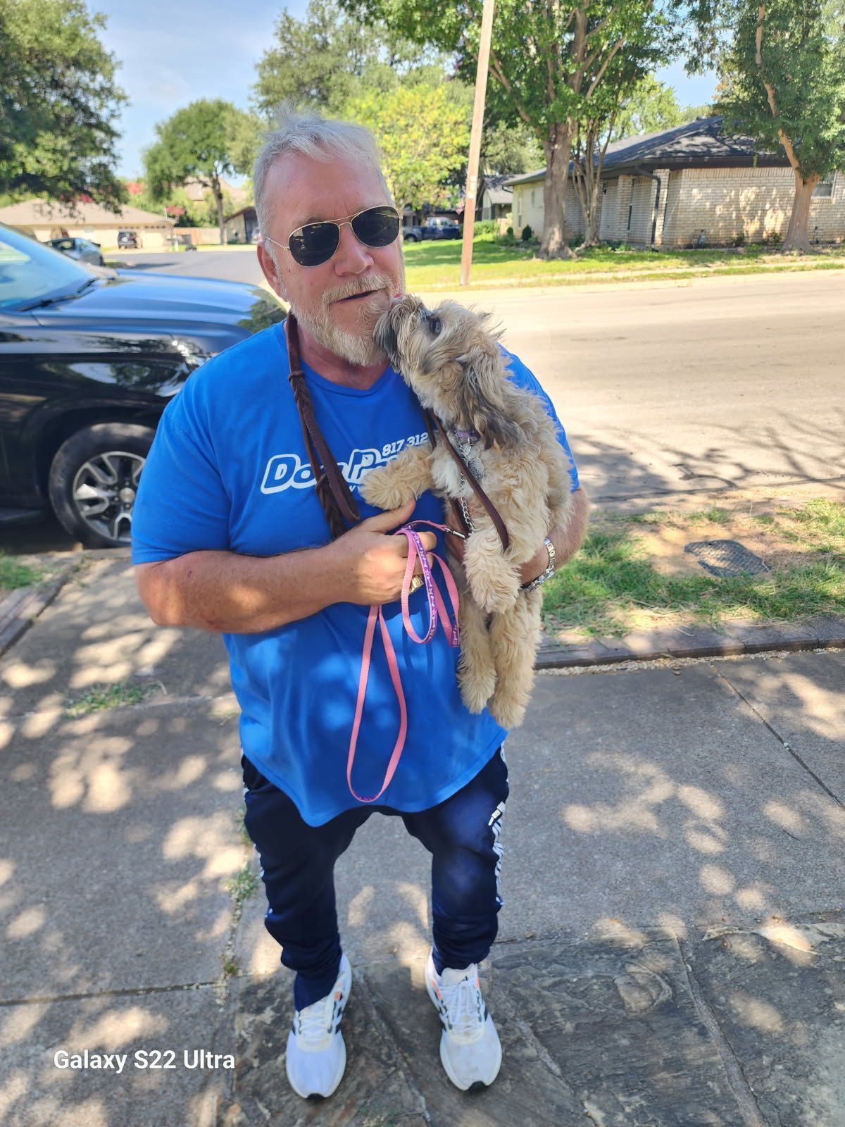 Man in blue shirt holding a small fluffy dog on a pink leash outdoors on a sunny street
