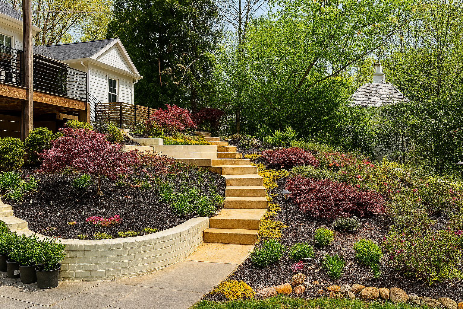 There are stairs leading up to a house in the background.