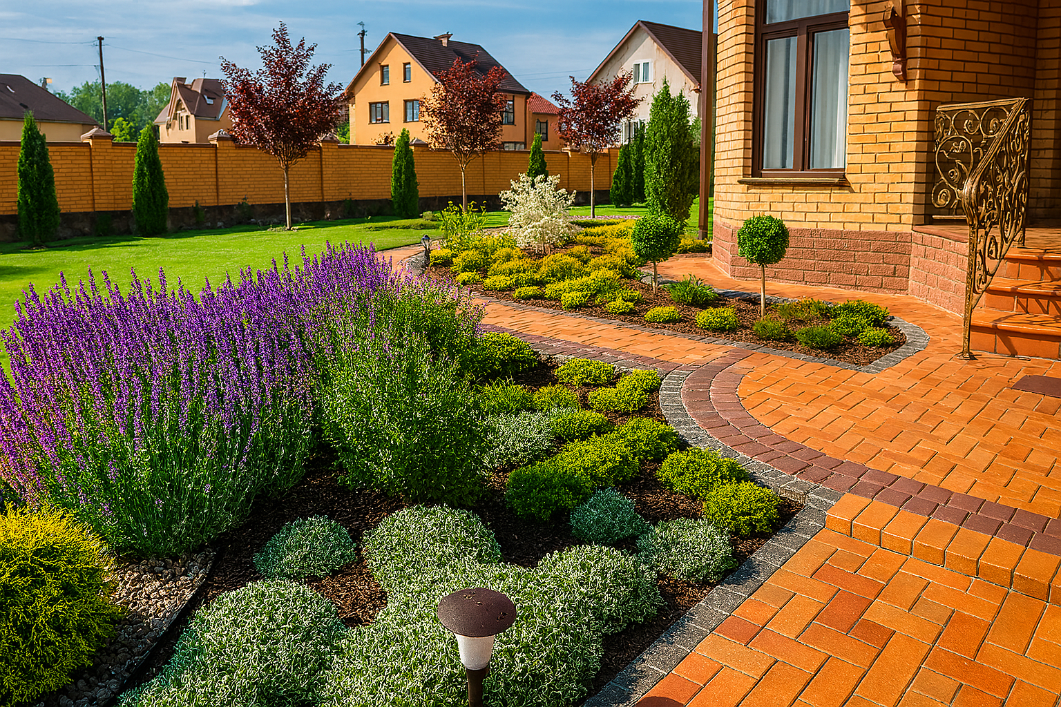 A brick walkway leading to a house with a garden in front of it.