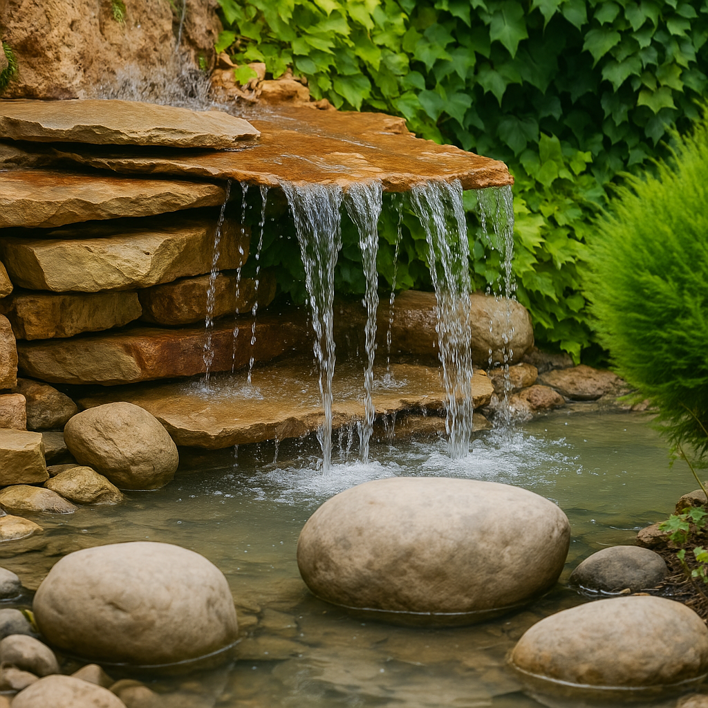 A small waterfall is surrounded by rocks and plants