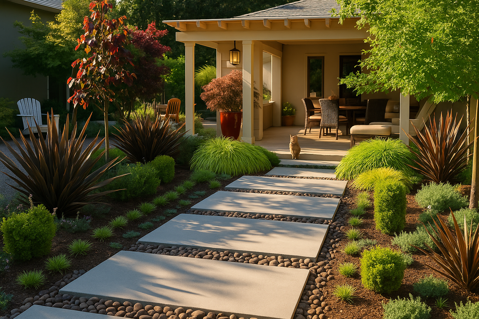 A walkway leading to a house with a pergola