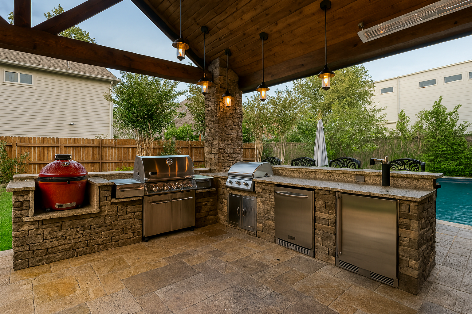 A large outdoor kitchen with a grill , sink , and refrigerator.