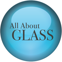 “All About GLASS” text on a blue circular logo