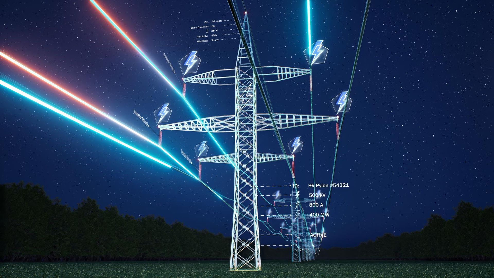 Power lines at night with red and blue energy beams.