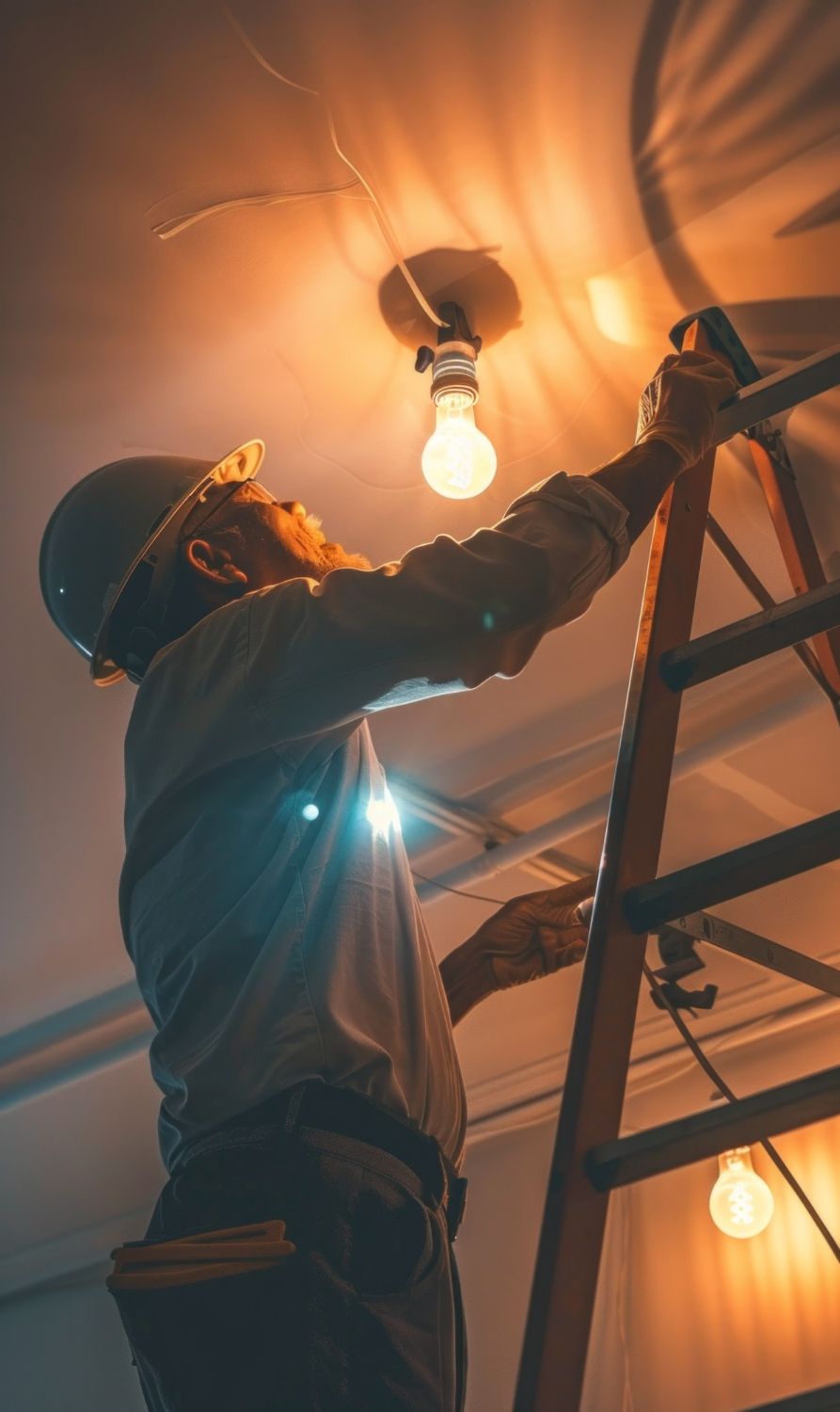 Electrician on ladder, changing lightbulb. Warm light illuminates the scene.
