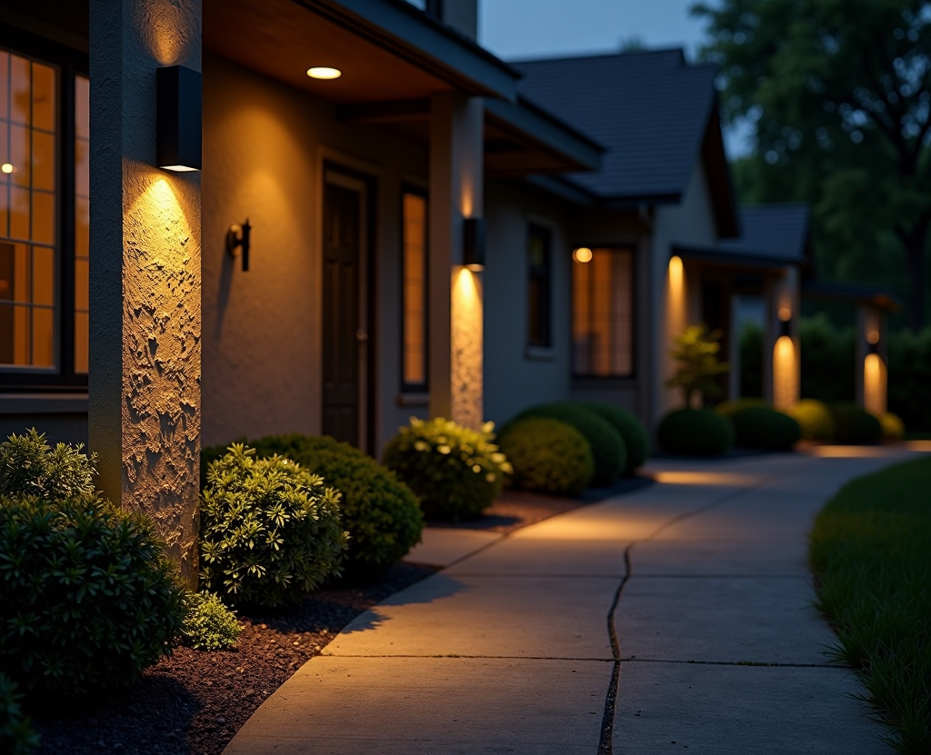 A house exterior at dusk, illuminated by outdoor wall lights and pathway lighting.