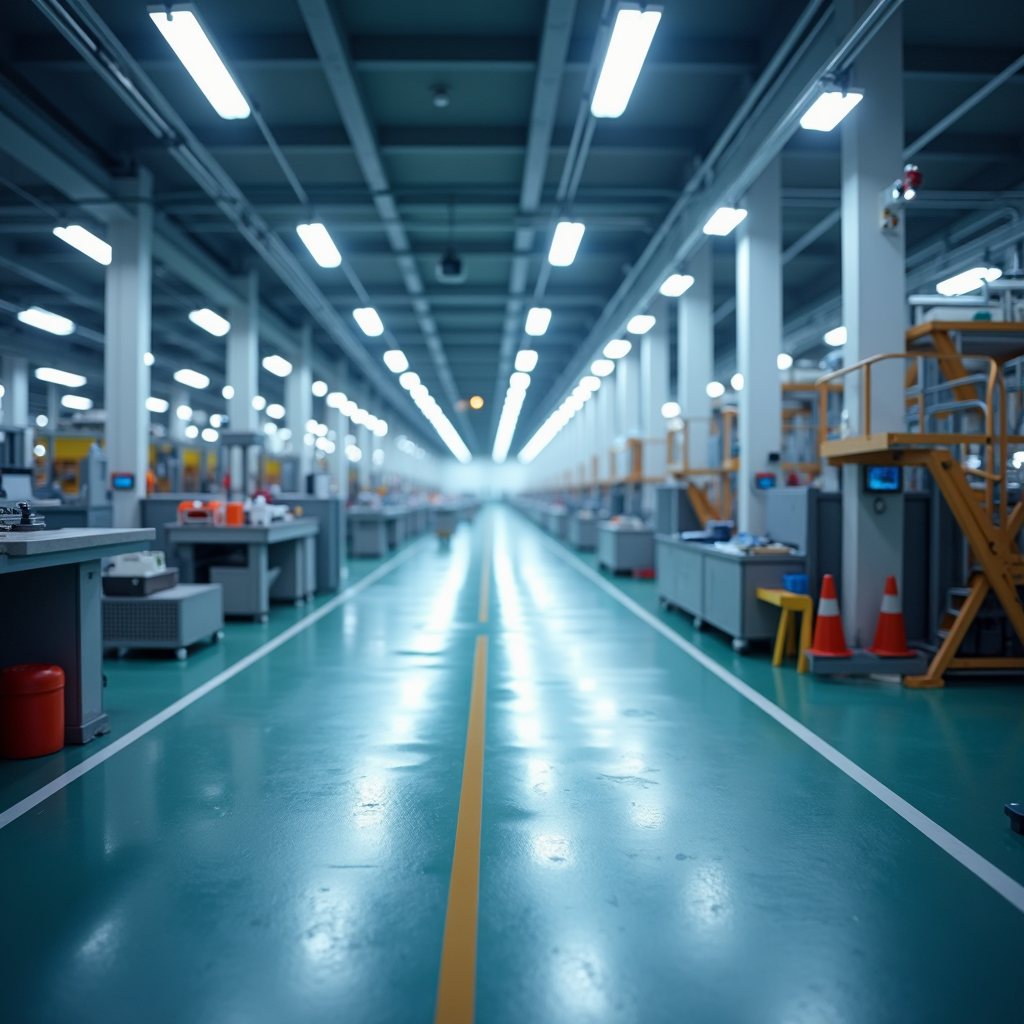 Long hallway in a factory with workstations and a yellow center line. Blue-green floor and bright overhead lights.