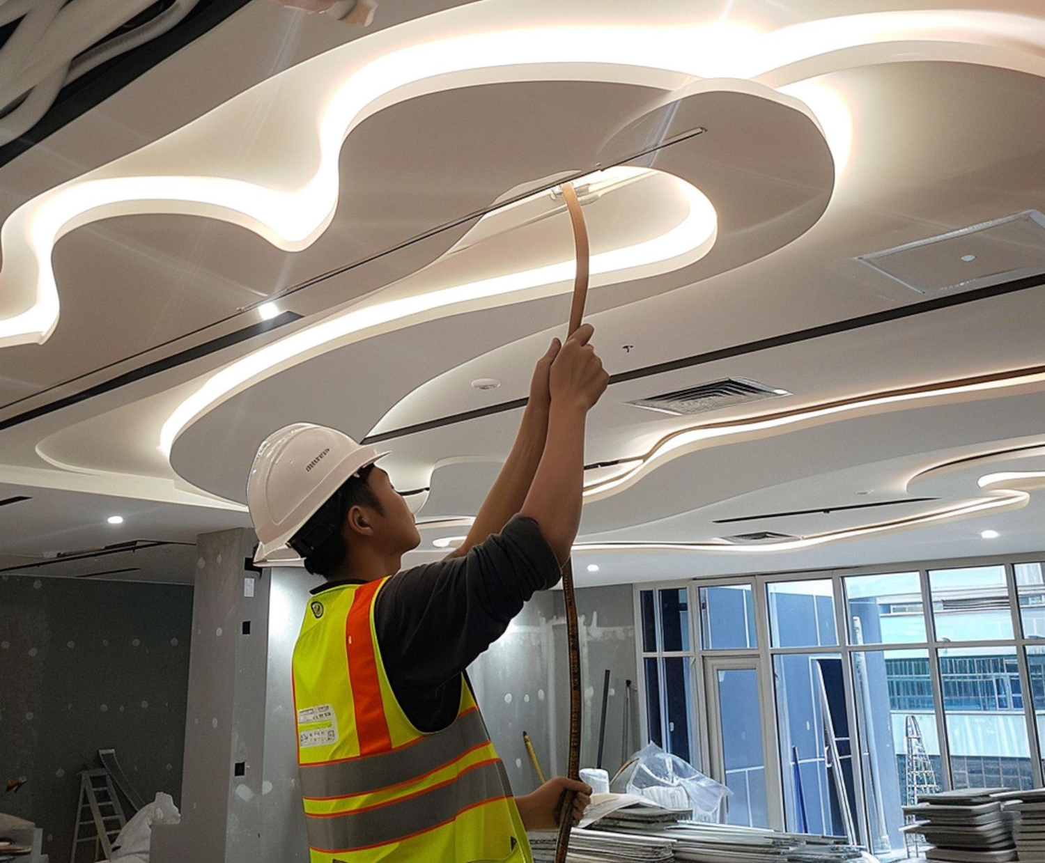Construction worker installing curved ceiling lights.