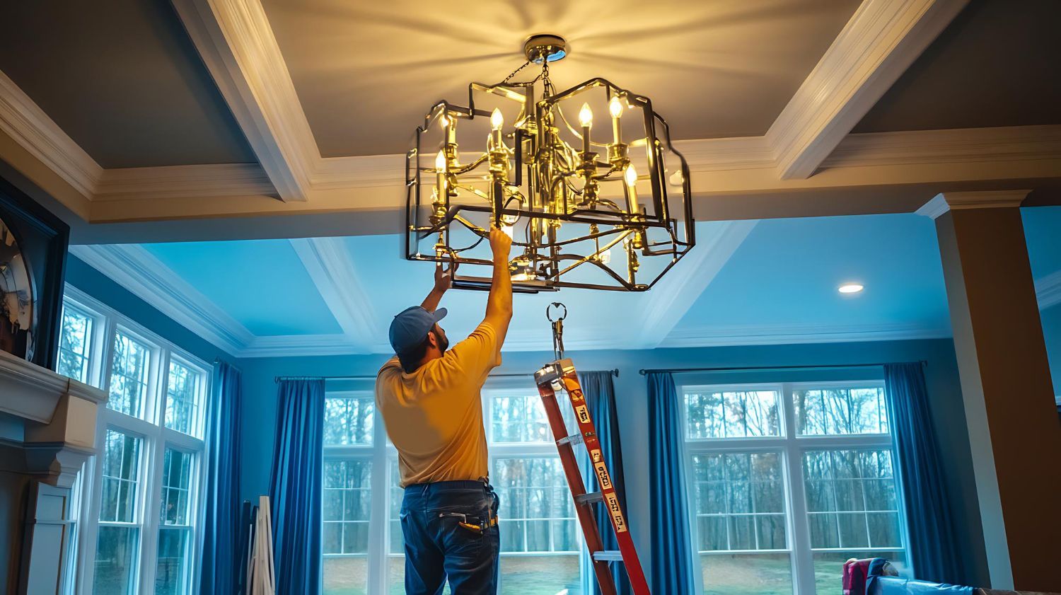 Man installing a chandelier in a room with blue curtains and large windows.
